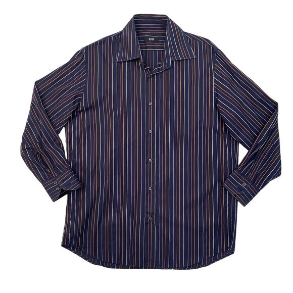 Hugo Boss Dress Shirt Mens 16 Navy Blue Striped Cotton Button Up Collared - Picture 1 of 11